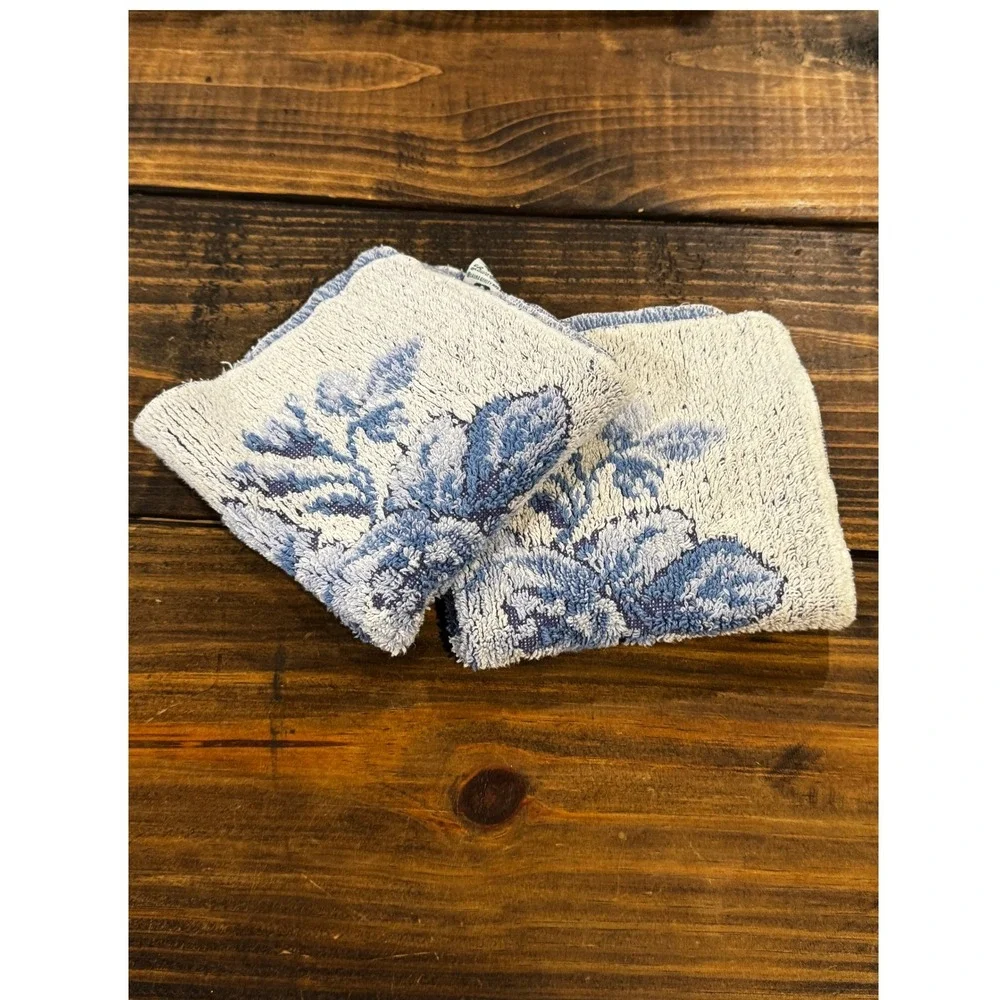Vintage Laura Ashley Blue Floral Rose Washcloths Pair Cottage Shabby Chic Bath
